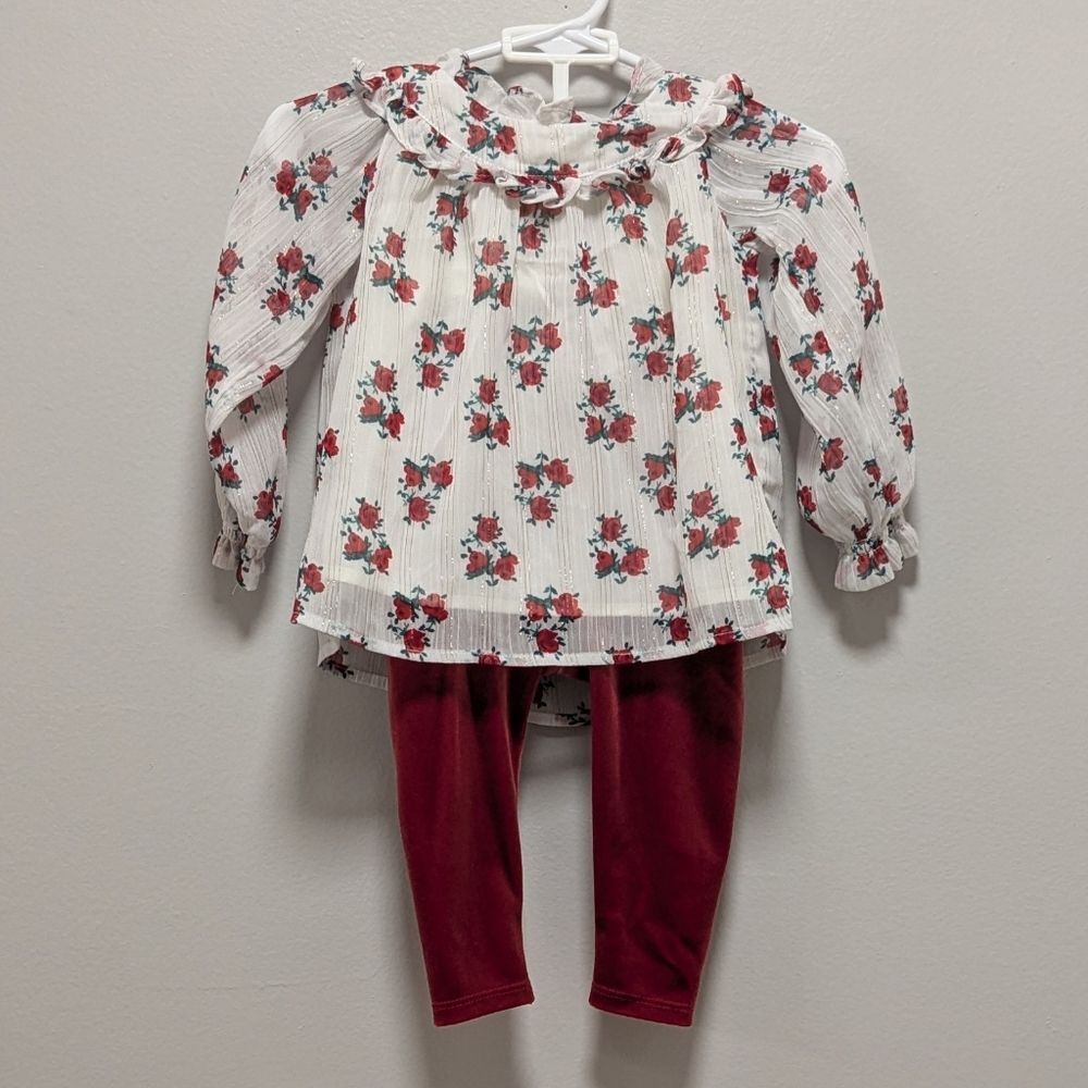 Janie and Jack Floral White Red Top & Leggings Christmas Holiday Set 6/12 Months